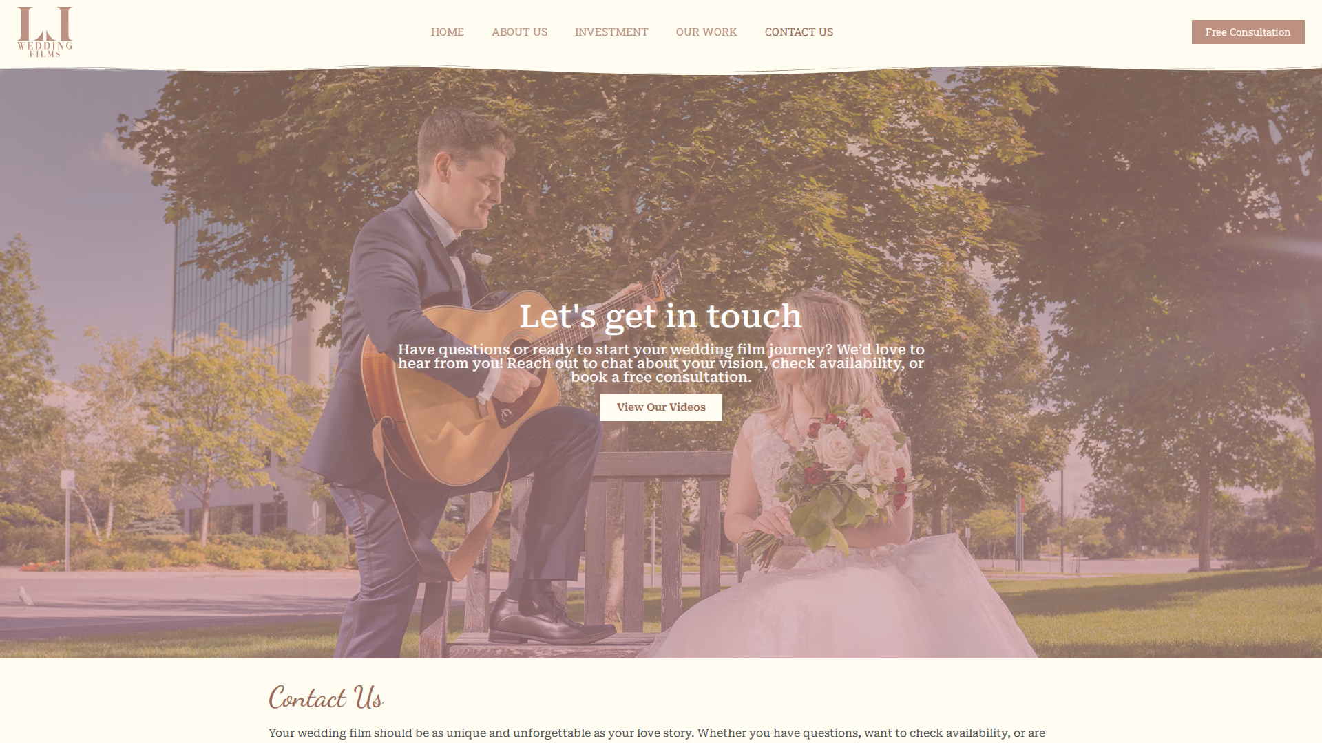 Love Letter Wedding Films contact us page (desktop)